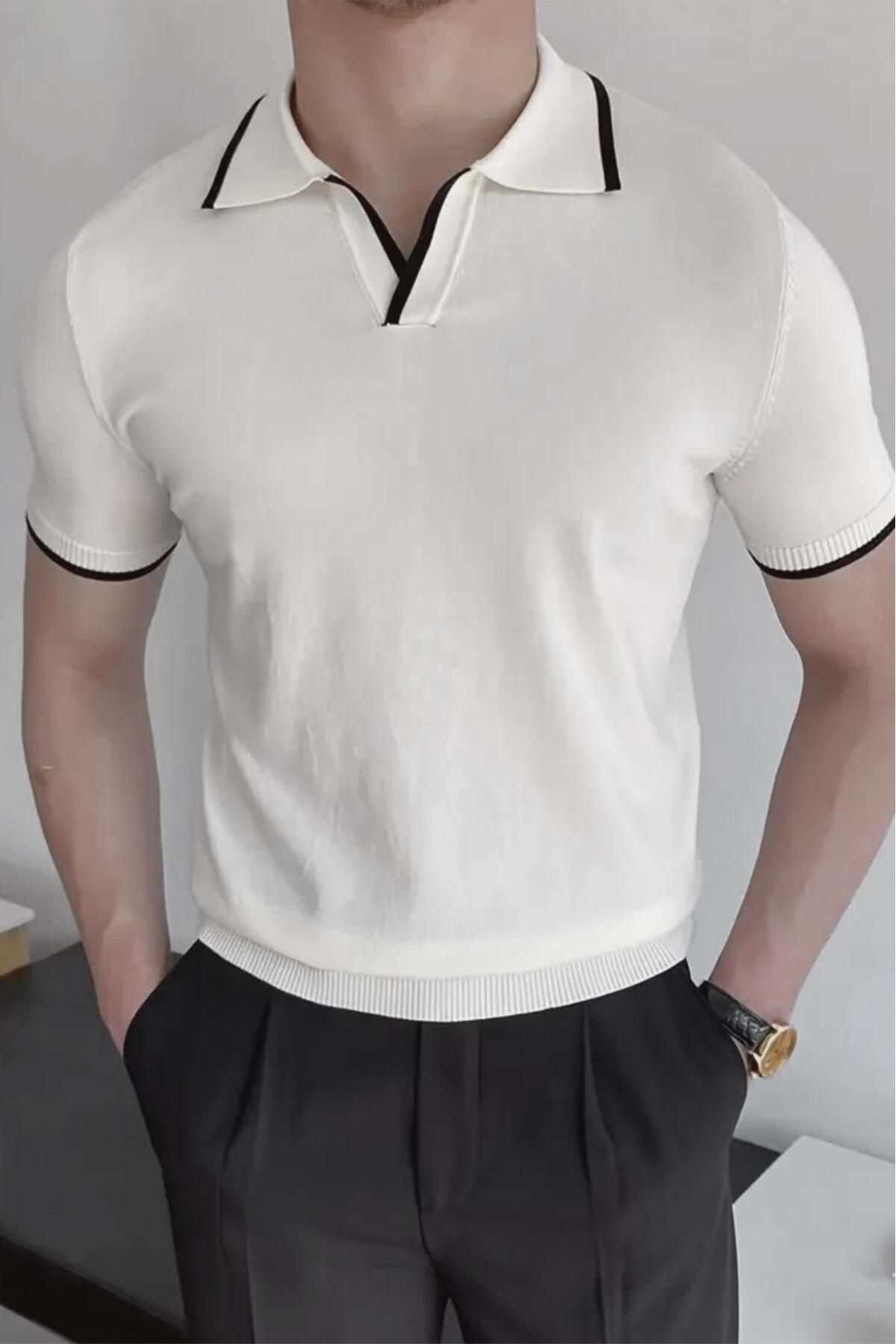 Oksit Santos Yakası ve Kolu Şeritli Likralı Slim Fit Polo Yaka Örme Erkek Triko Tshirt