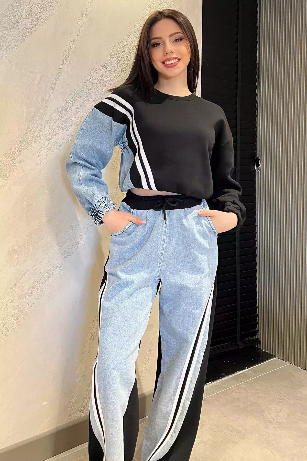GÜLSELİ Siyah Kadın Kot Garnili Şardonlu Sweat Pantolon İkili Takım