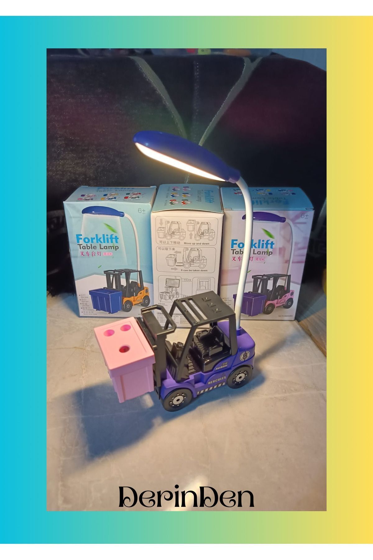 DERİND Masa Lambası Forklift Görünümlü - Şarjlı - Renkli Gece Modu - Kalemik ve Telefon Tutucu- portif