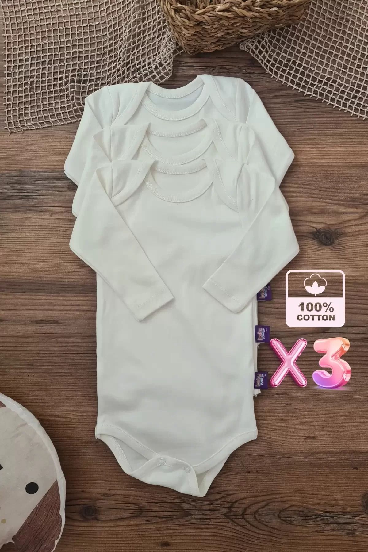 melonika Unisex % 100 Pamuk Uzun Kol 3 Adet Bebek Ve Çocuk Body