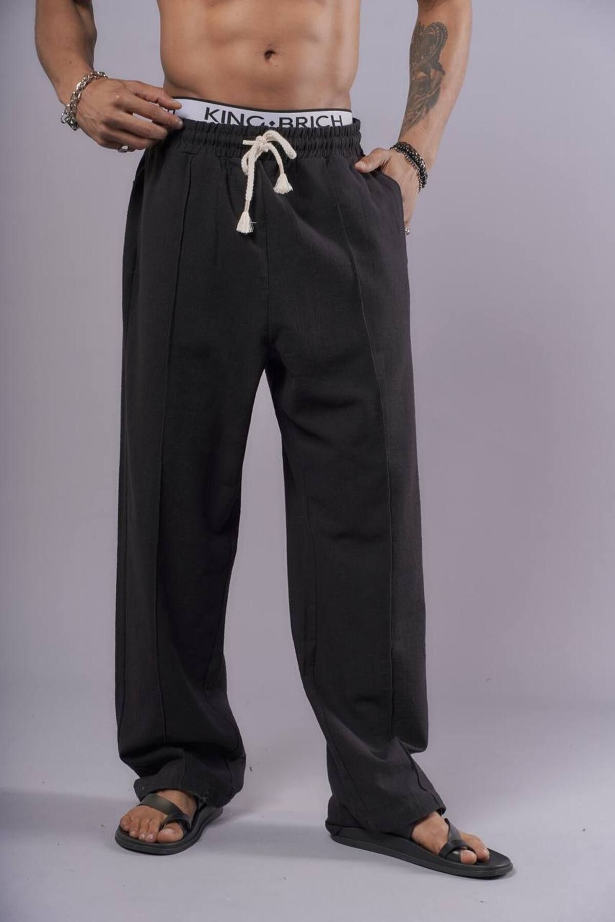 NUNU365COM NuNu By King Siyah Likralı Keten Baggy Pantolon