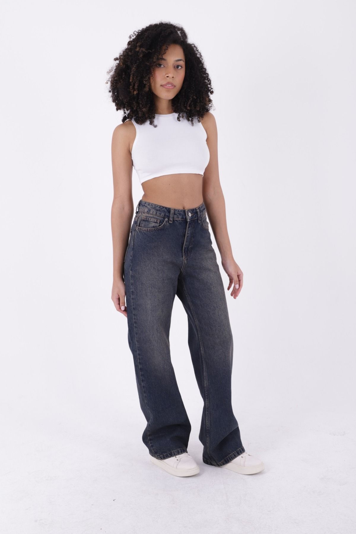 RICHMOST Geniş Paçalı ve Yüksek Belli Cepli Rahat Kadın Kot Pantolon Relaxed Jean Koyu Mavi Tintli Denim