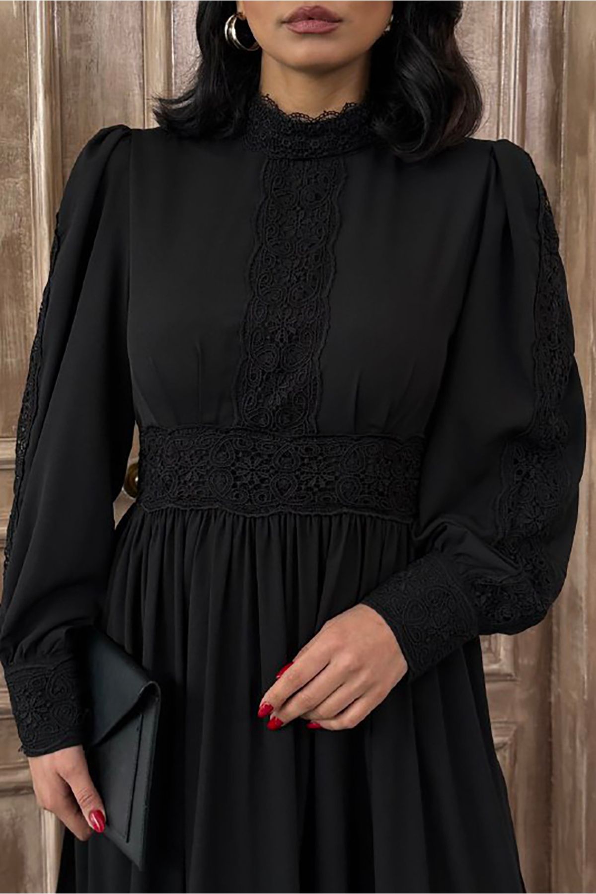XXL BUTİK XXL Butik kadın hakim yaka dantel detaylı astarlı maxi elbise X-NBMS2533