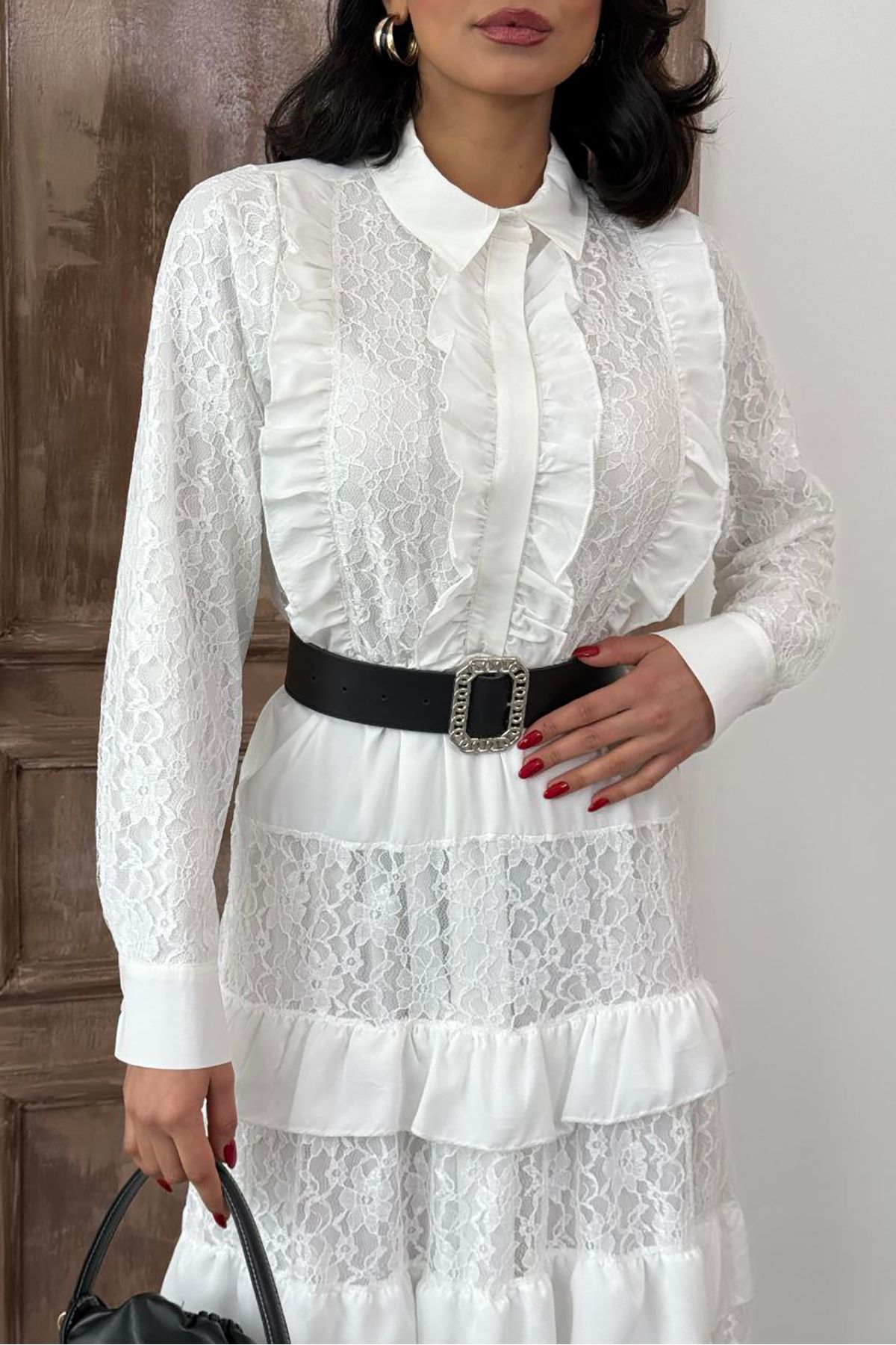 XXL BUTİK XXL Butik kadın beyaz kemerli gömlek yaka dantel elbise X-NBMS2547