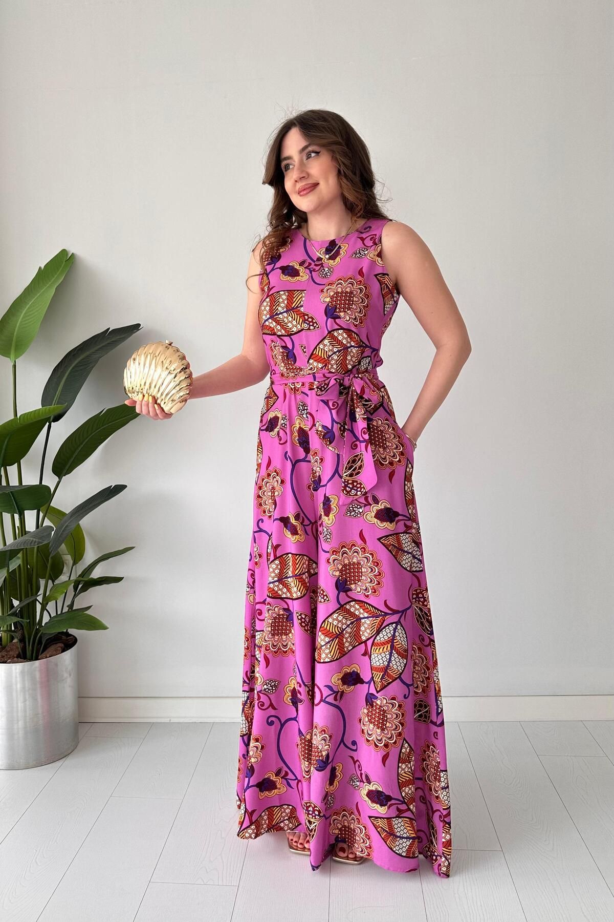 MaziButik Motifli Bol Paça Tulum Pembe