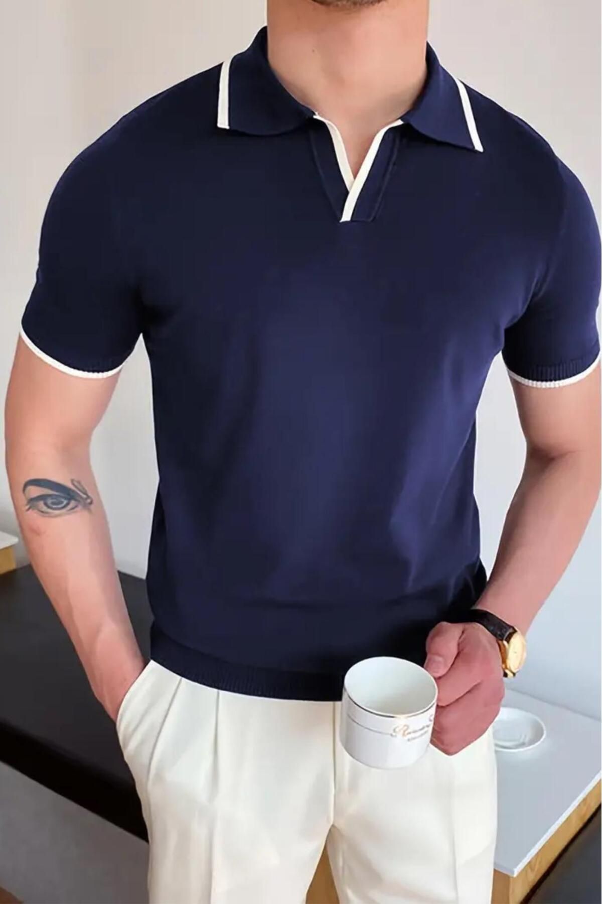 Oksit Santos Yakası ve Kolu Şeritli Likralı Slim Fit Polo Yaka Örme Erkek Triko Tshirt