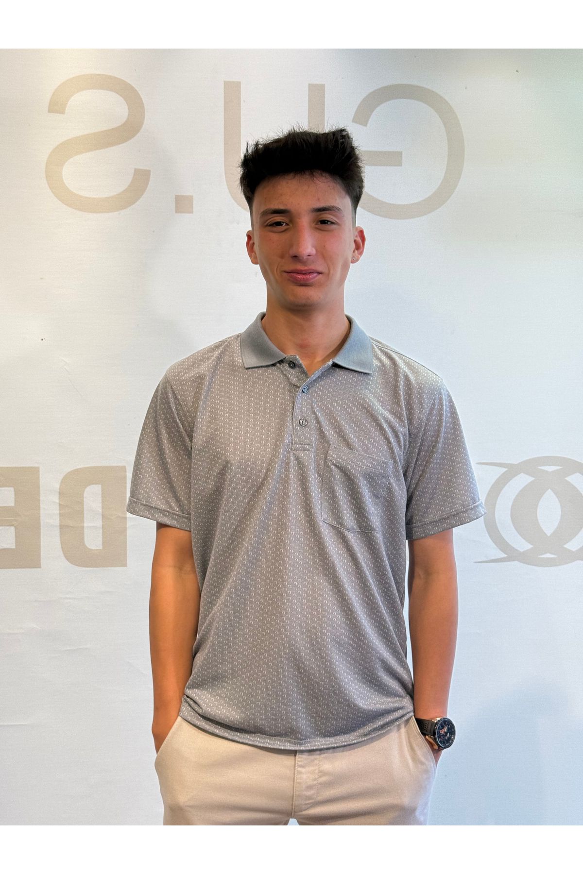 San&Fa SANFA POLO YAKA CEPLİ DESENLİ GRİ T-SHIRT