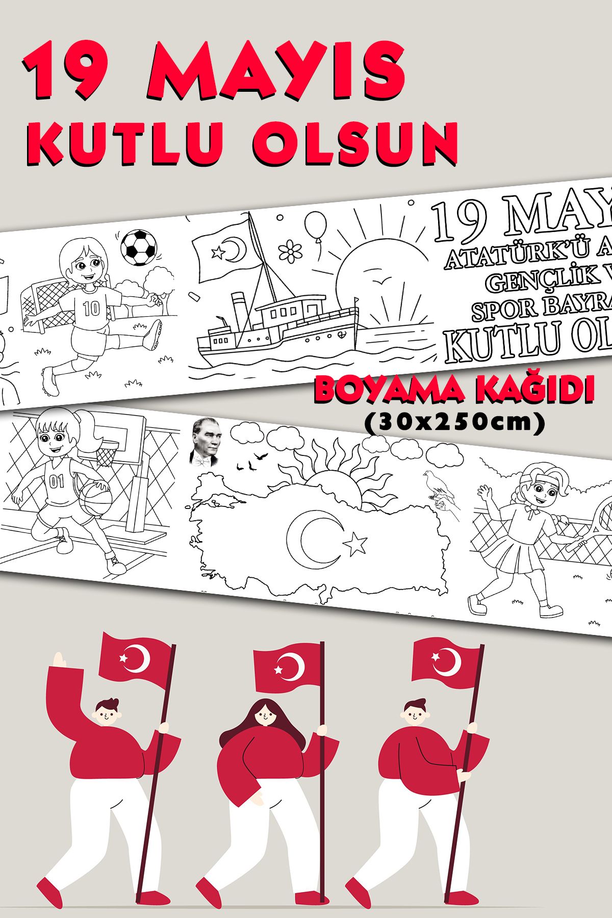 BiWini 19 Mayıs Atatürk'ü Anma Gençlik ve Spor Bayramı Temalı Dev Boyama Kağıdı 2,5 Metre