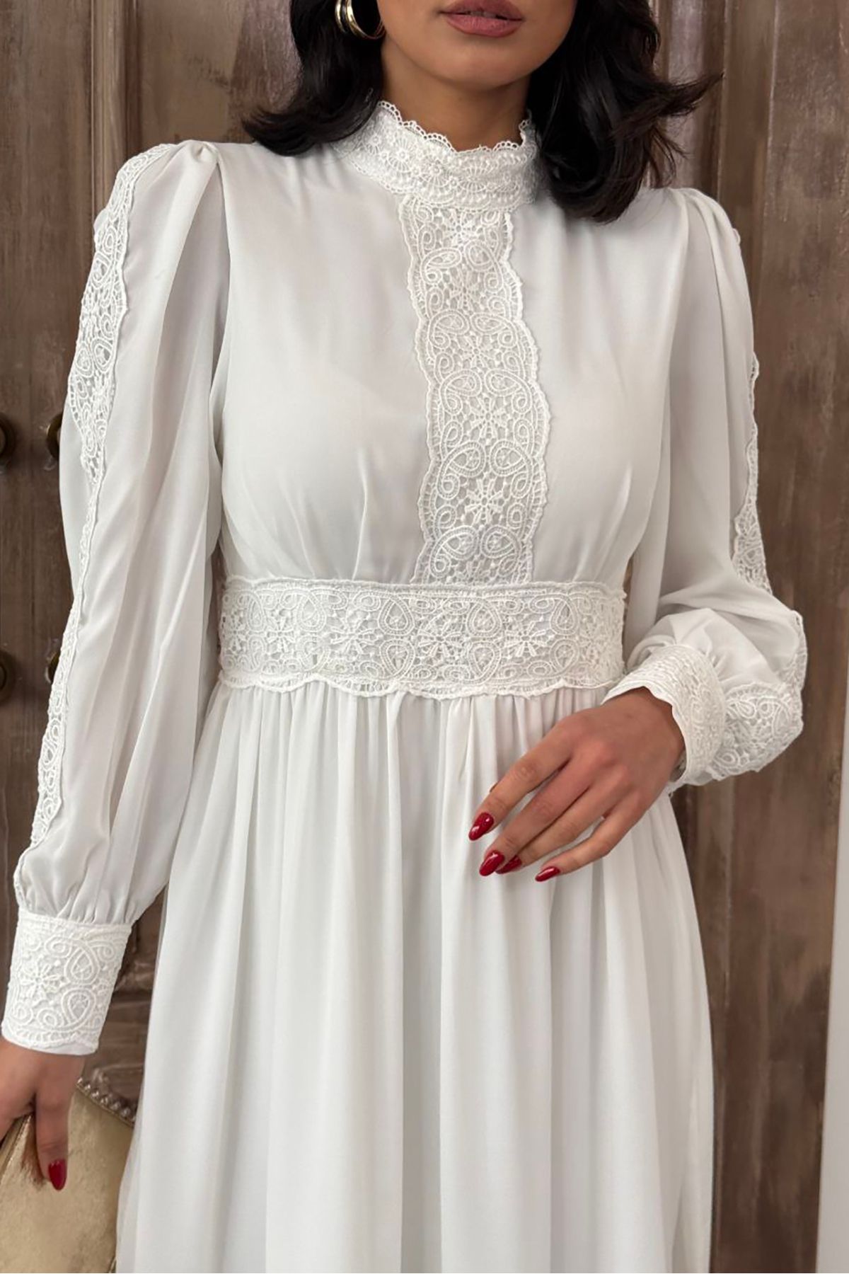 XXL BUTİK XXL Butik kadın hakim yaka dantel detaylı astarlı maxi elbise X-NBMS2533