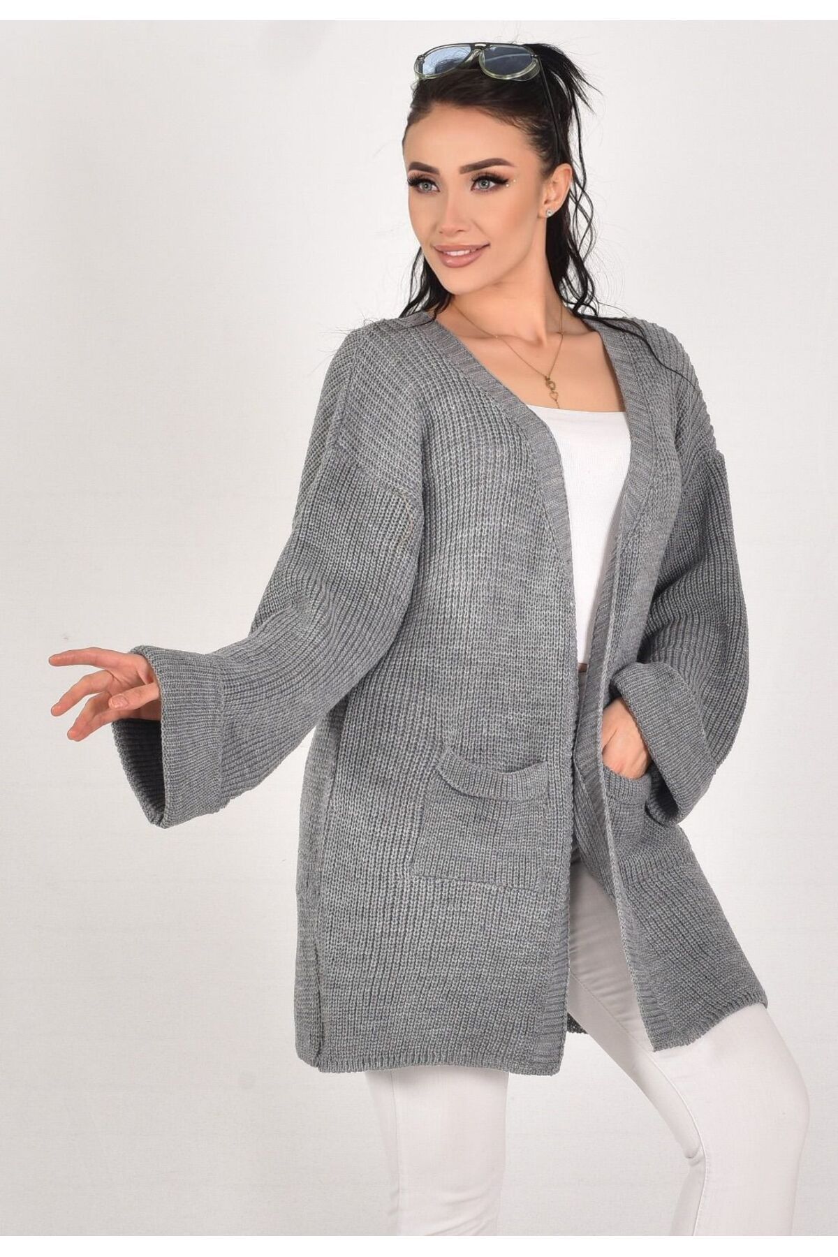 K-ODEA BUTİK Oversize Gri triko ceket kadın