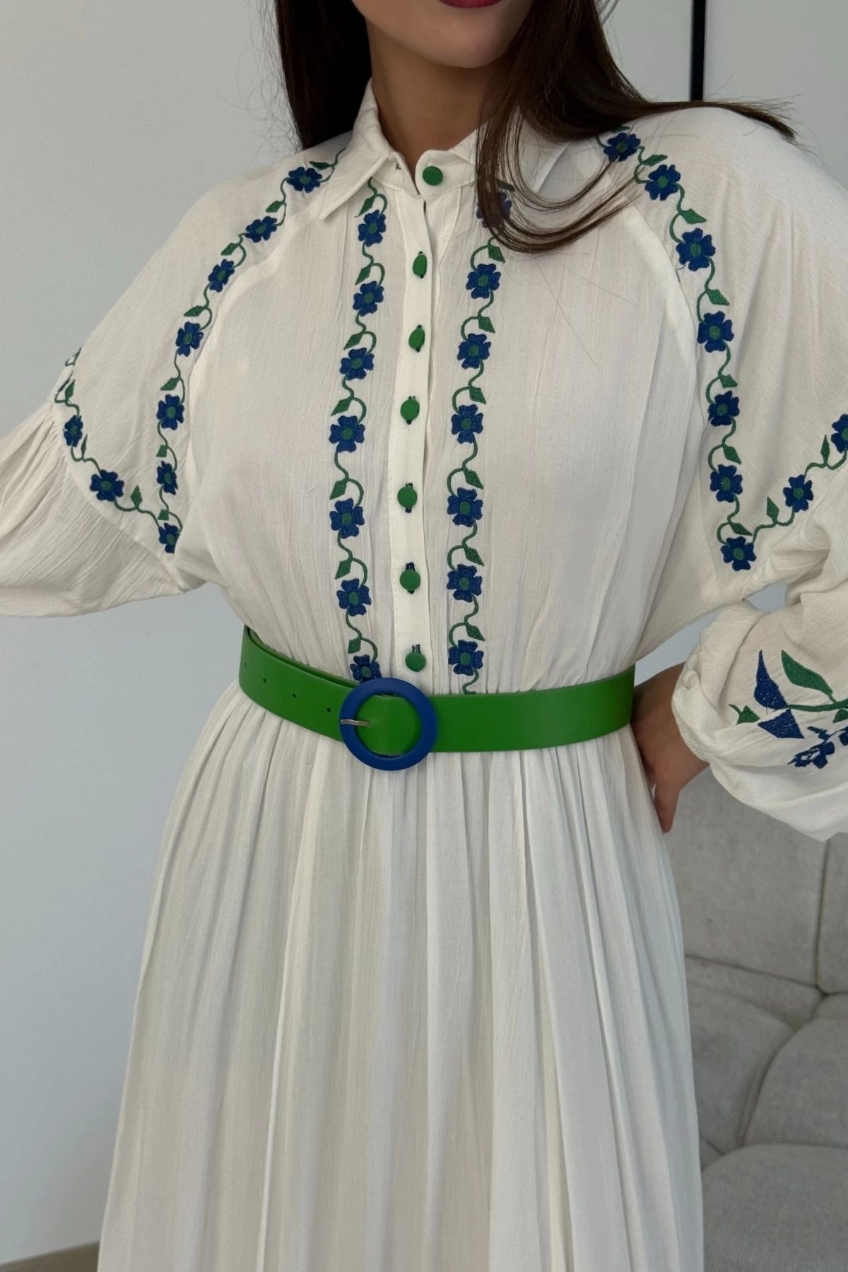 PHELDA-Rochie Hijab din bumbac cu broderie și detaliu curea 747-Alb/Verde 4