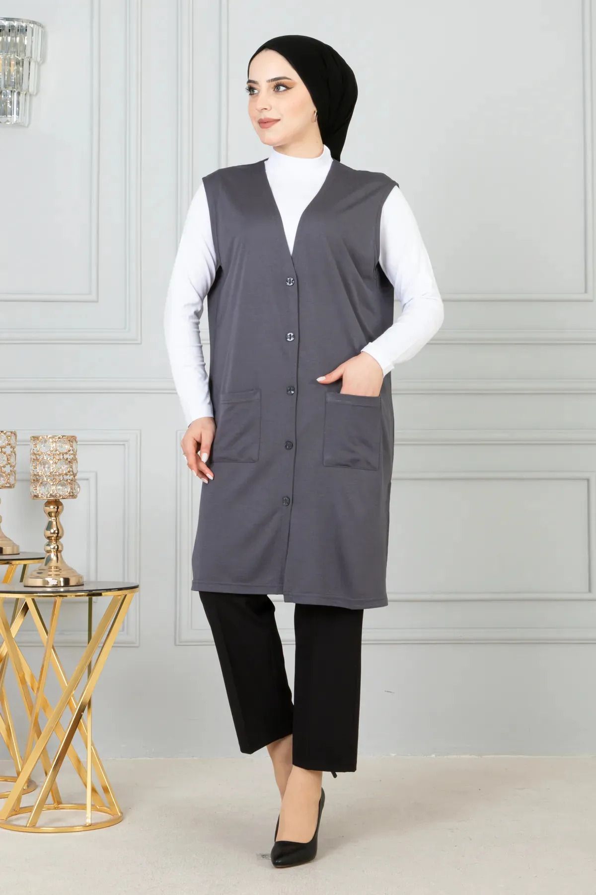 NOBLE STORE Kadın Anne Uzun İnce Düğmeli Cepli Penye Yelek Anneler Günü