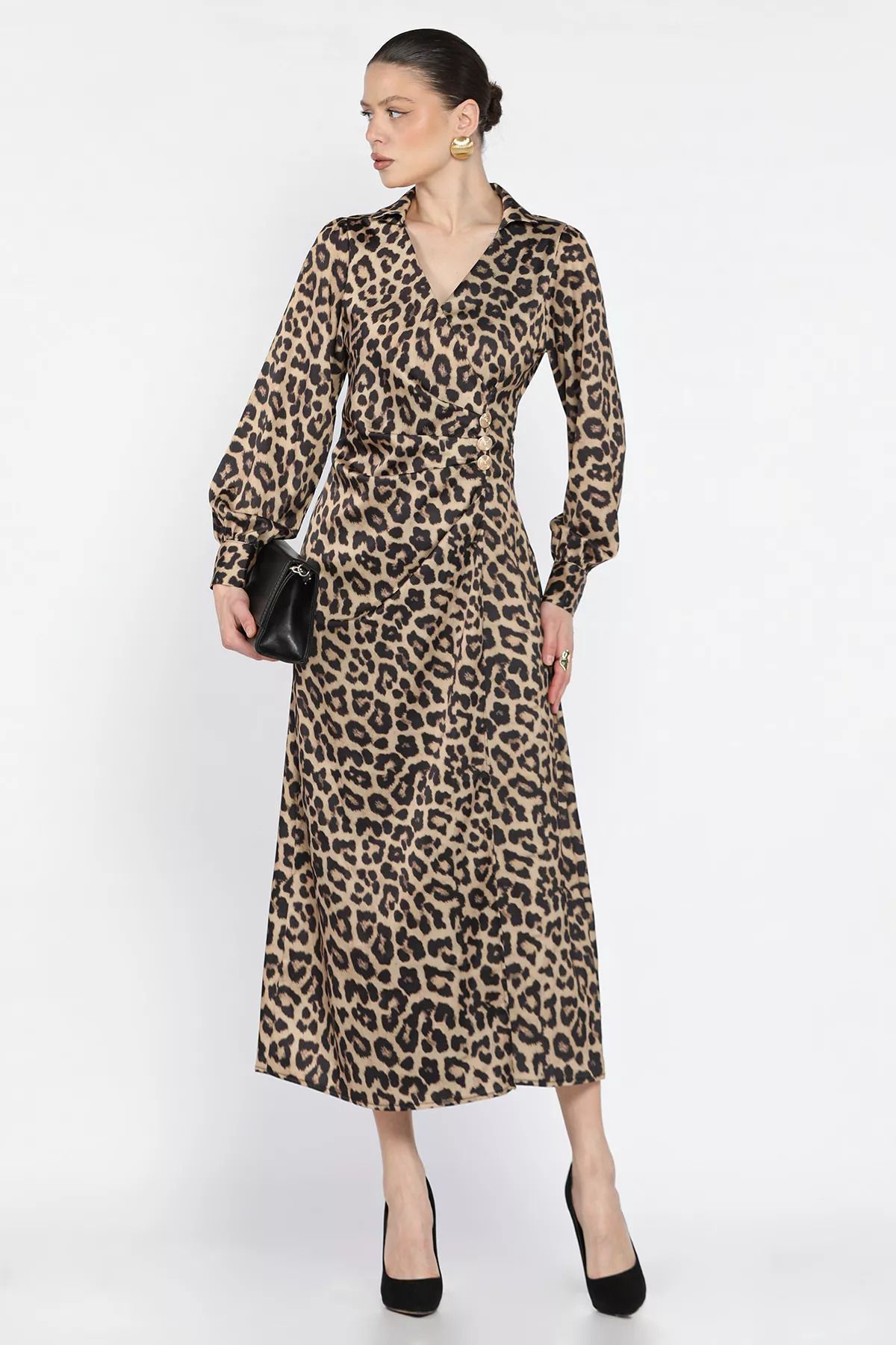 GÜLSELİ Leopar Desen Leopar Desenli Drapeli Saten Elbise