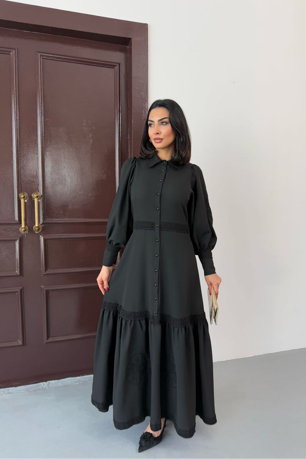 XXL BUTİK XXL Butik kadın siyah gömlek yaka kloş uzun elbise X-NBMS2541