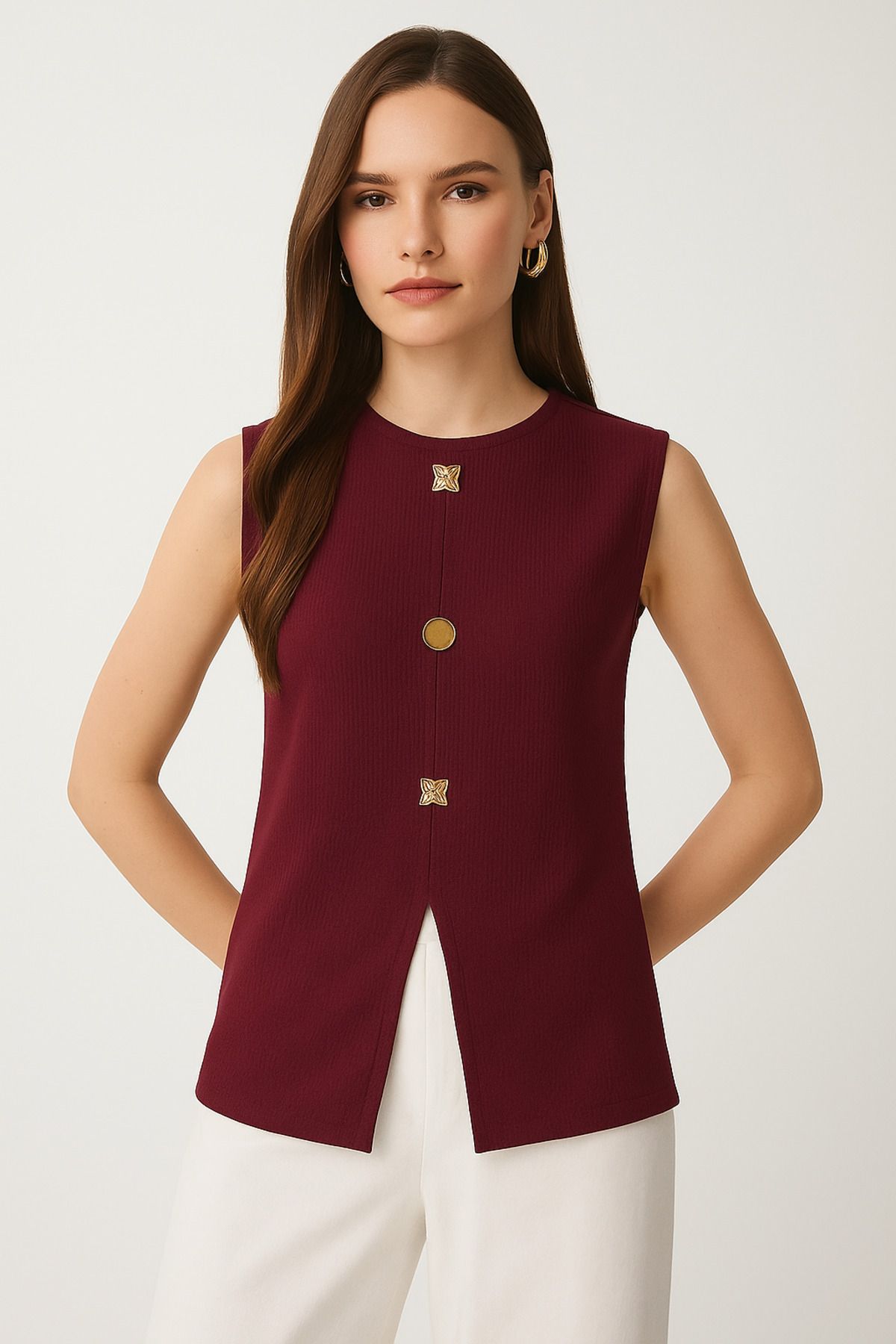 Ahsenbutik Kadın Bordo Bisiklet Yaka Gold Düğmeli Bluz