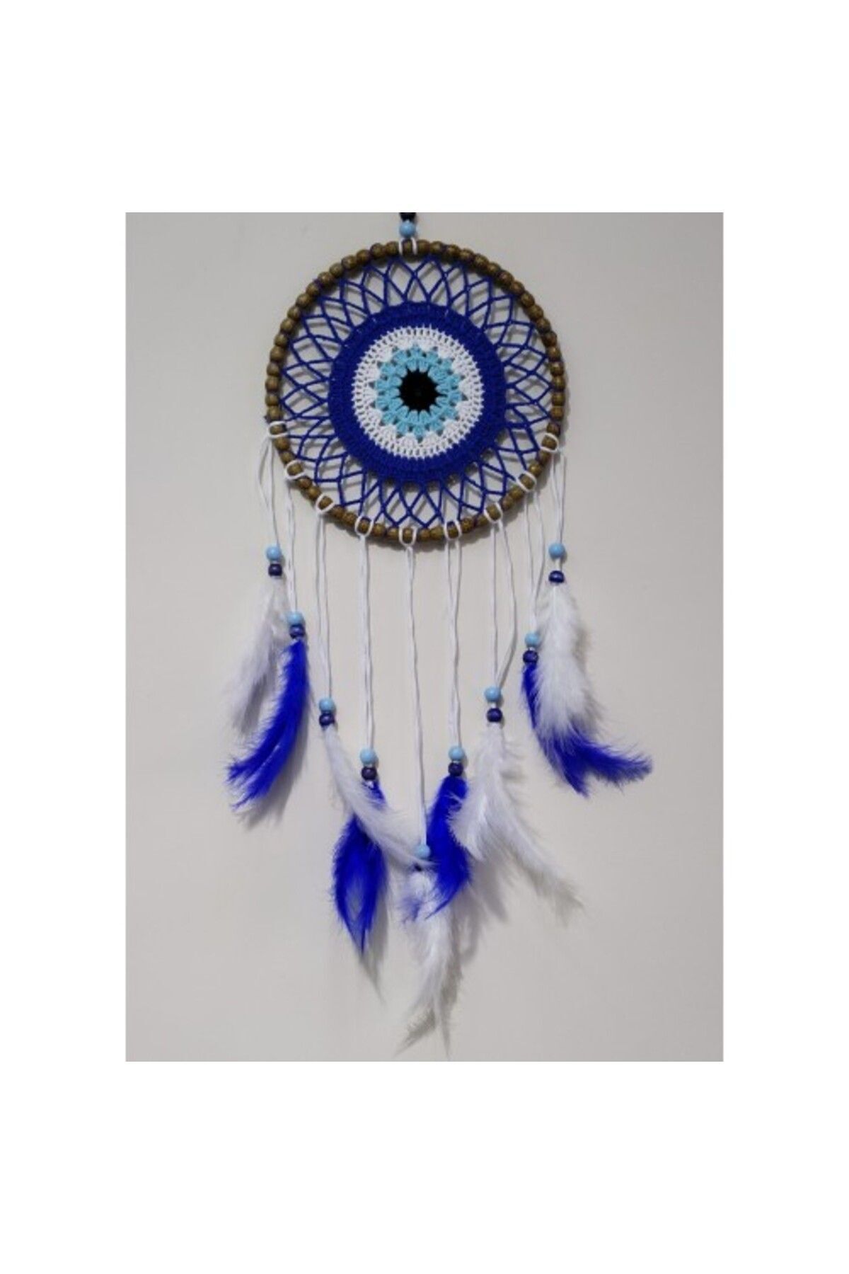 Shop58 Nazar Boncuğu Desenli Kuş Tüylü El Yapımı Düş Kapanı Duvar Süsü
