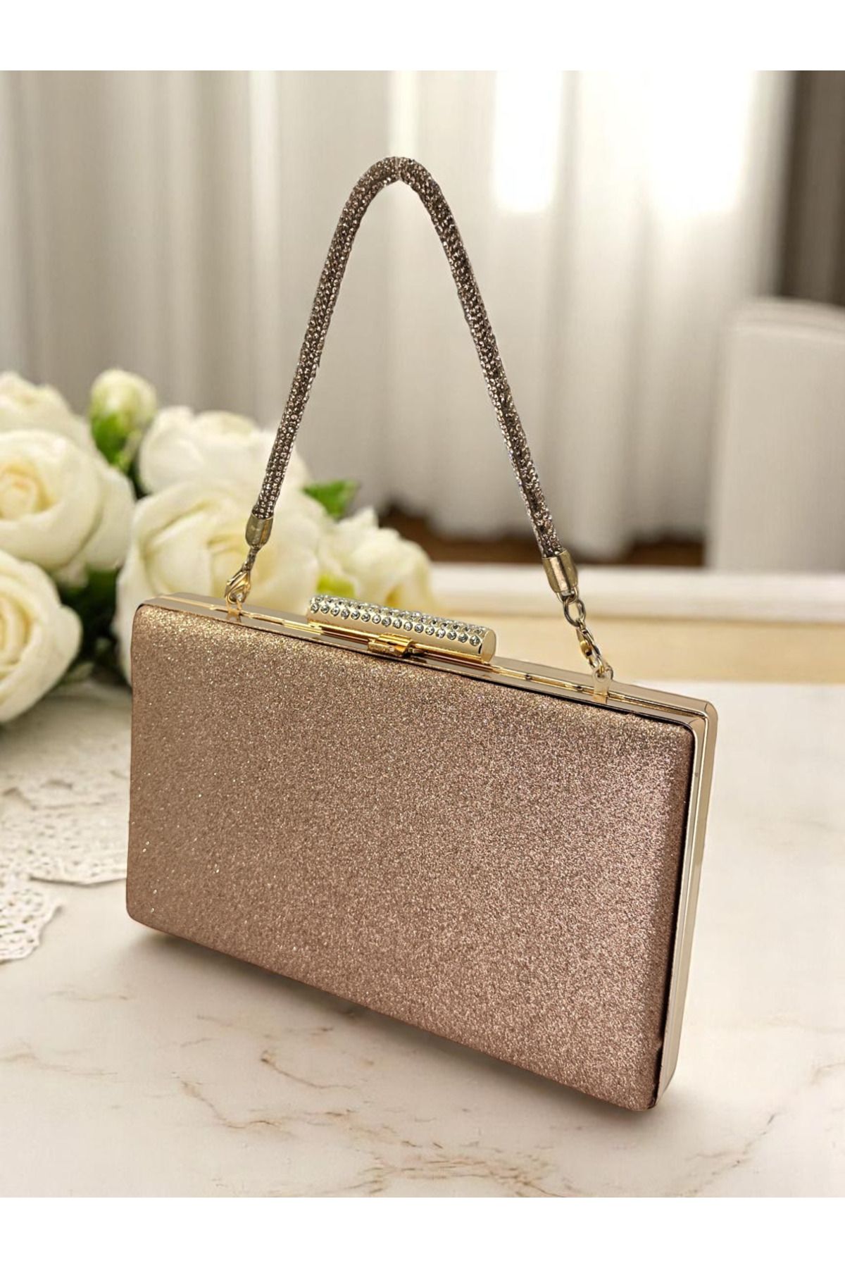 Biçanta Rosegold Renk Simleri Dökülmeyen Ithal Kumsim Taş Saplı Kadın Abiye Çanta Düğün Nişan Mezuniyet