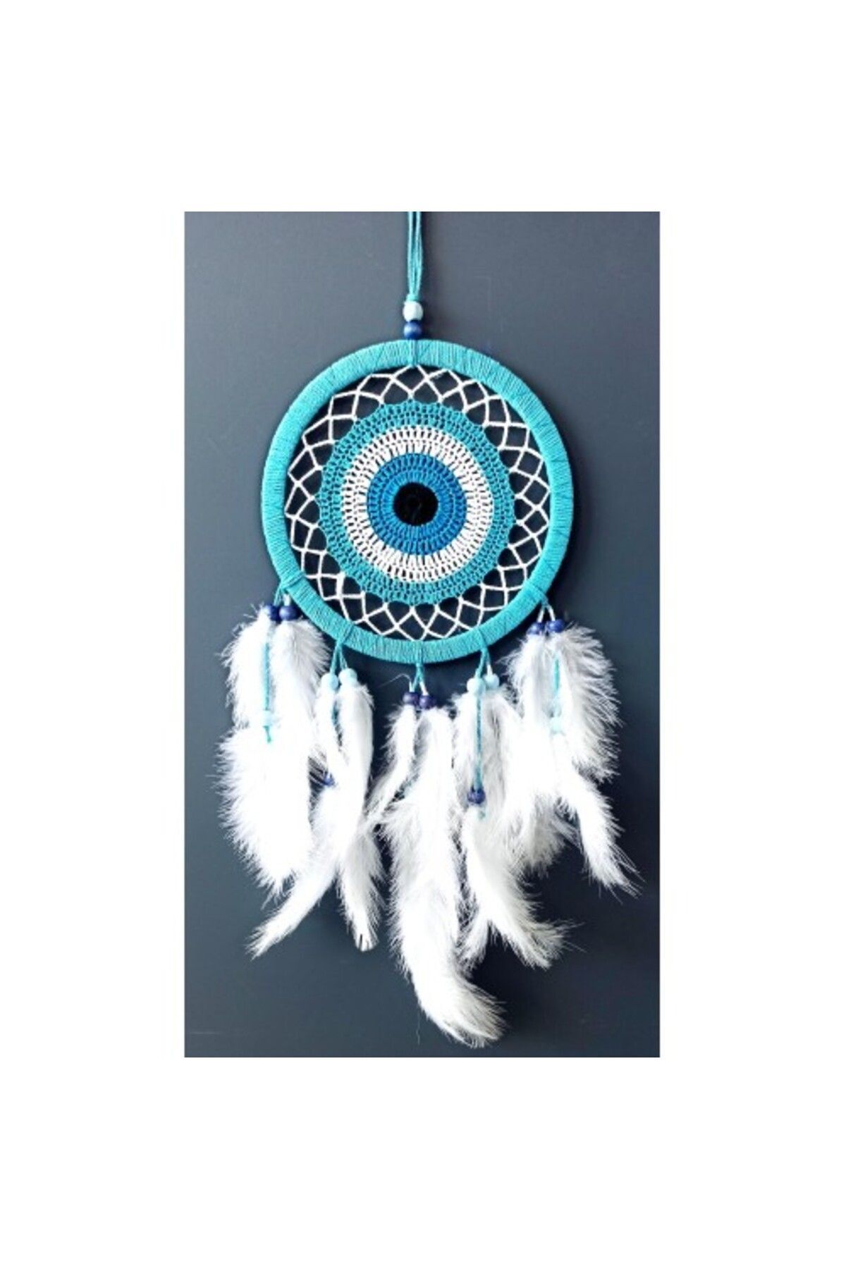 Shop58 Nazar Boncuğu Motifli Turkuaz Rengi Dream Catcher Beyaz Kuş Tüylü Düş Kapanı Duvar Süsü