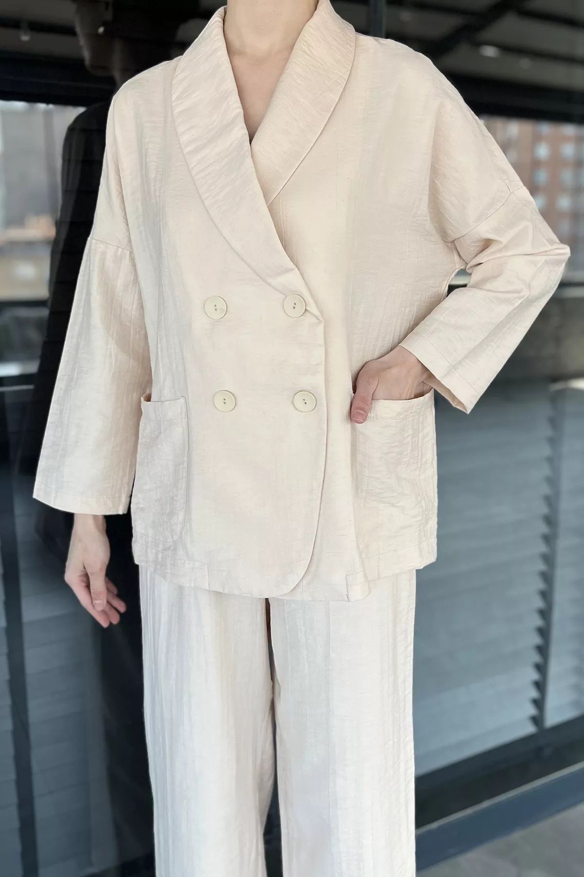 GÜLSELİ-Stone Women's Double Breasted Collar Jacket Pants Set of Two 4