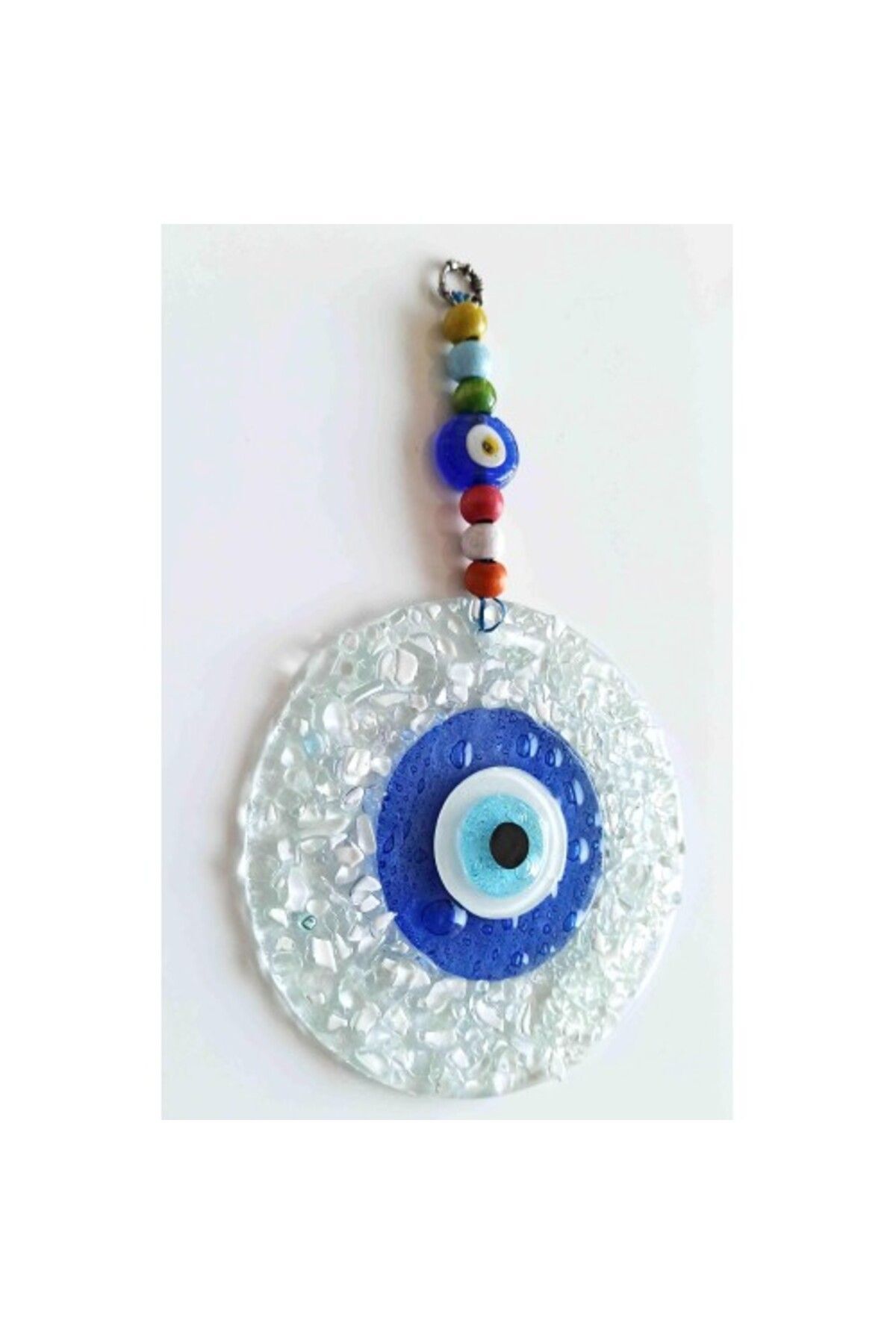 Shop58 Mavi Nazar Boncuklu Beyaz Kesme Cam Desenli Duvar Süsü Nazarlık