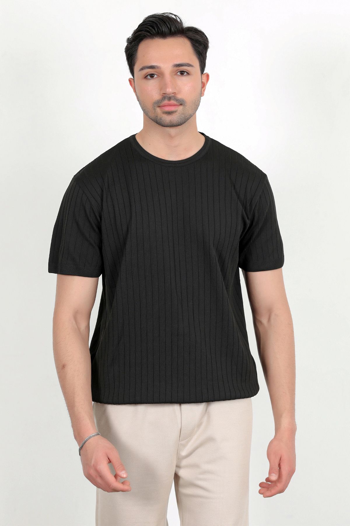 JB John Borners Erkek Bisiklet Yaka Kısa Kol Fitilli Triko T-Shirt Siyah - 2502