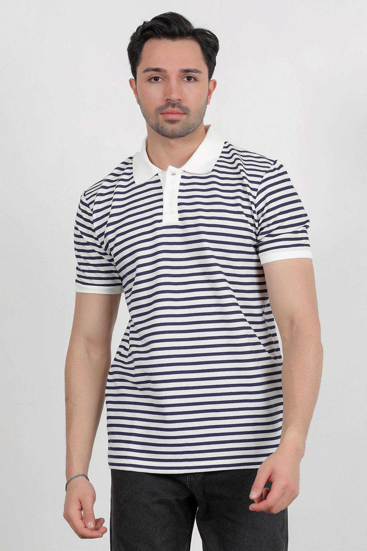 JB John Borners Erkek Polo Yaka Çizgili Kısa Kol T-Shirt Lacivert - 2999