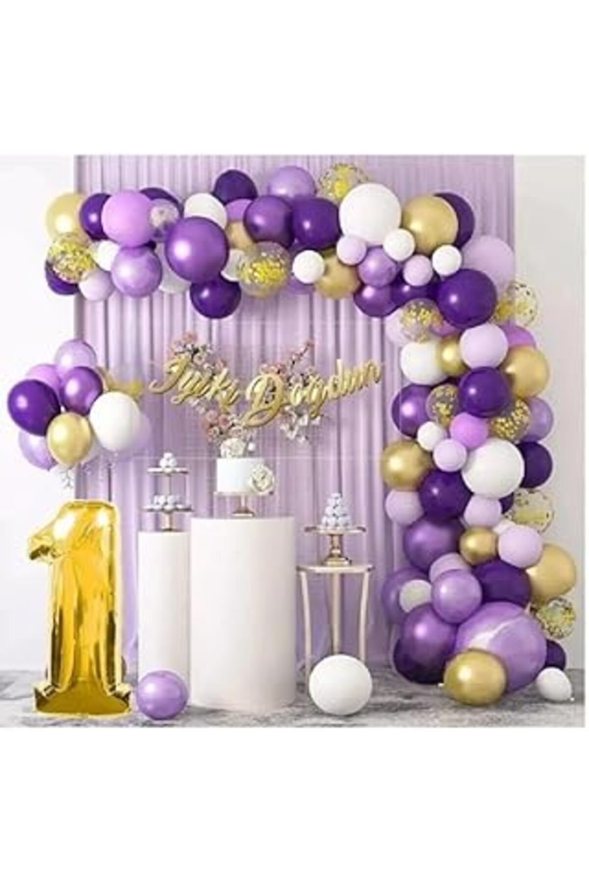 karadağsb Bkmc 60 Adet Pullu Balon 1 Yaş Macaron Mor Balon Zinciri Seti Gölge Mor Altın Balon Dekorasyon Bmcn