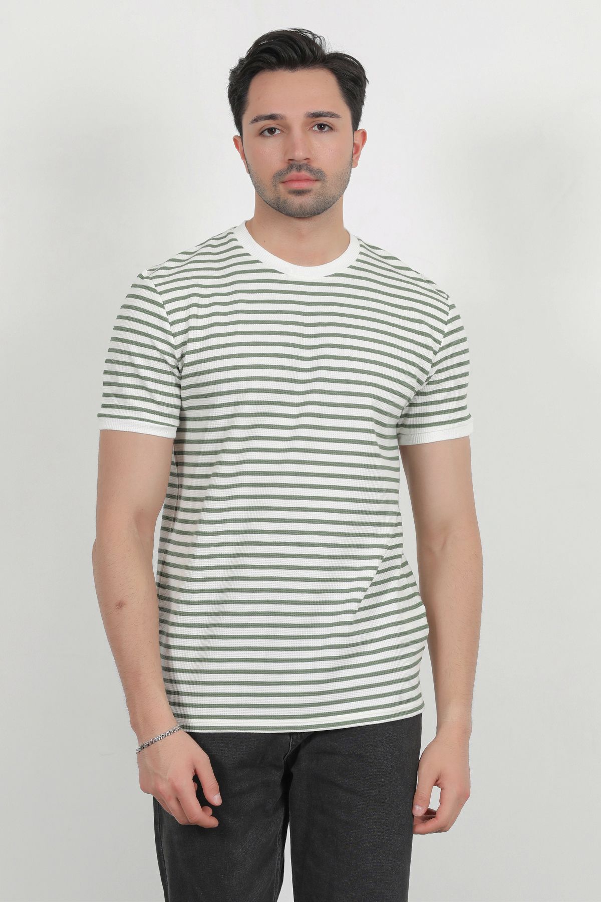 JB John Borners Erkek Bisiklet Yaka Kısa Kol Çizgili T-Shirt Yeşil - 3004