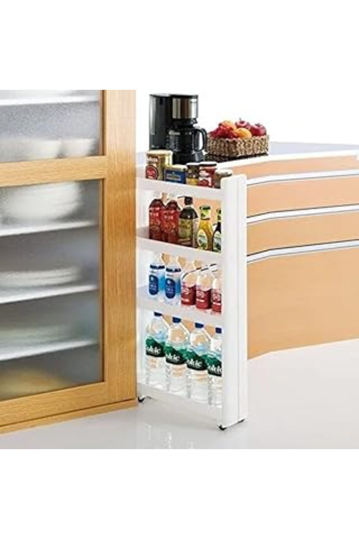 Mu Art Ahşap Bovlen 4 Katlı Tekerlekli Organizer - Bölünebilen Slim Mutfak Rafı - Beyaz Banyo Düzenleyicisi - İn