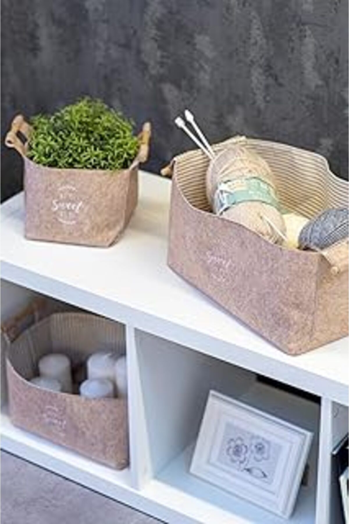 karadağsb Buti Keçe Tahta Saplı Düzeleyici Sepet - Çok Amaçlı Saklama Organizer Kutu Maxi Kahverengi 25X18X15