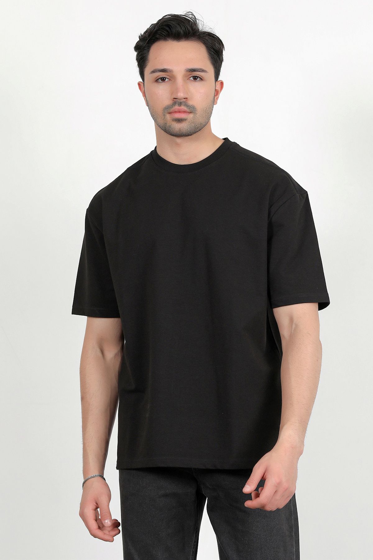 JB John Borners Erkek Bisiklet Yaka Pamuklu Basic Oversize T-Shirt Siyah - 2911