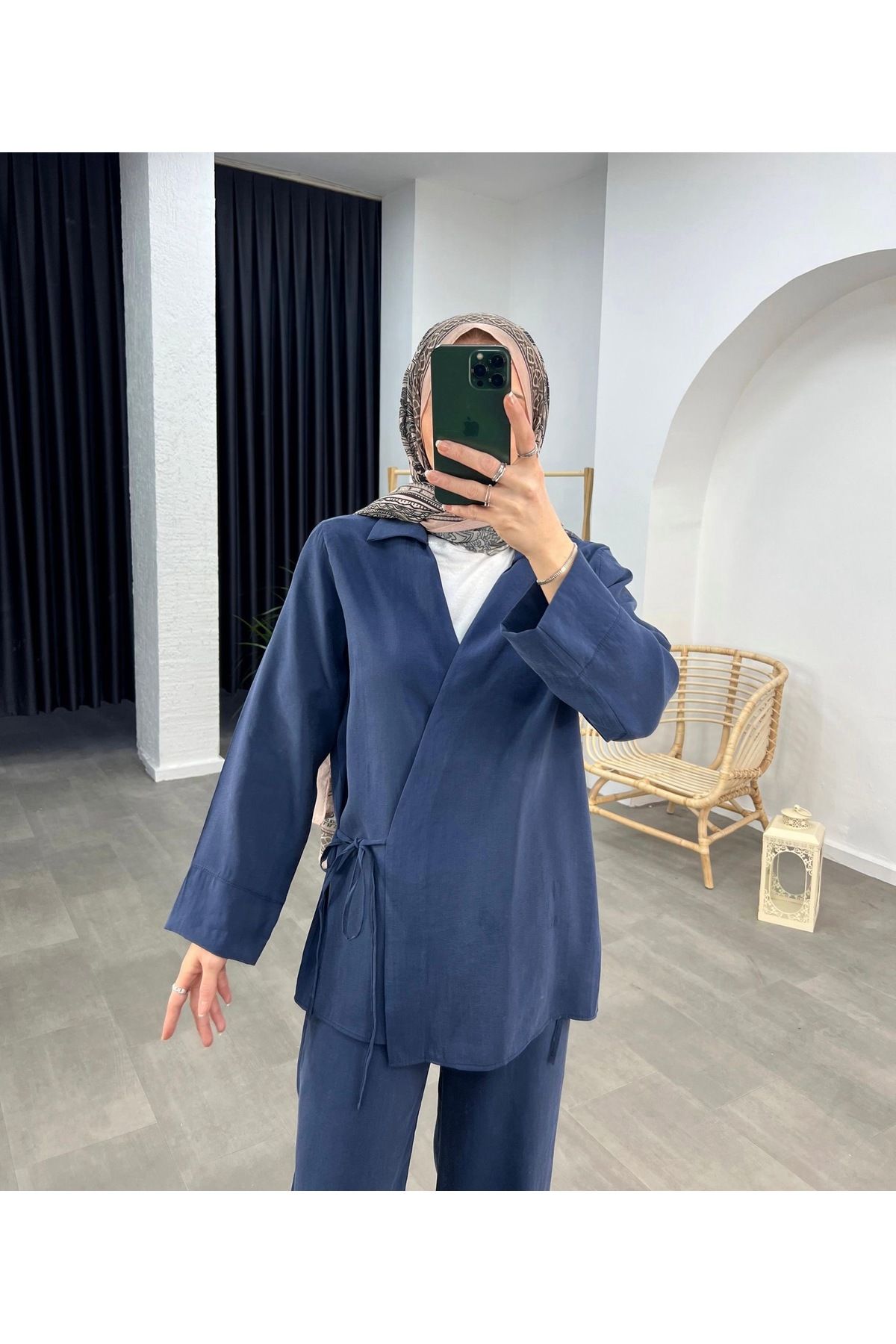 REWANO Kadın İndigo Renk Kimono pantolon takım