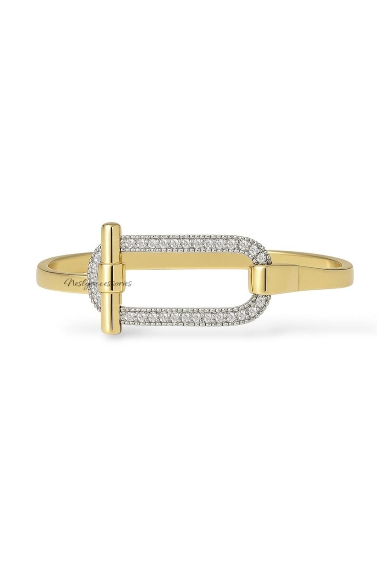 neslyaccessories Zirkon Taşlı Gold Oval Form Kapamalı Kelepçe Bileklik