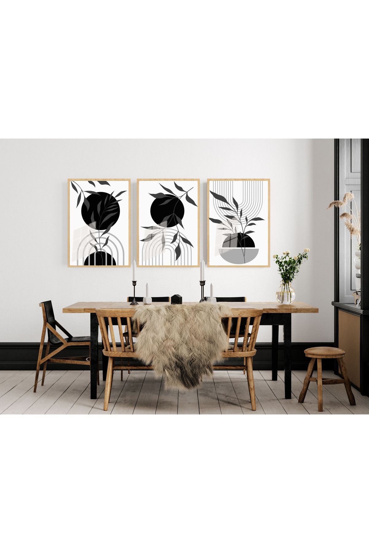 bestablo Siyah Gri Boho Çerçeveli Ahşap Tablo Seti, Ev Dekoru Bestablo