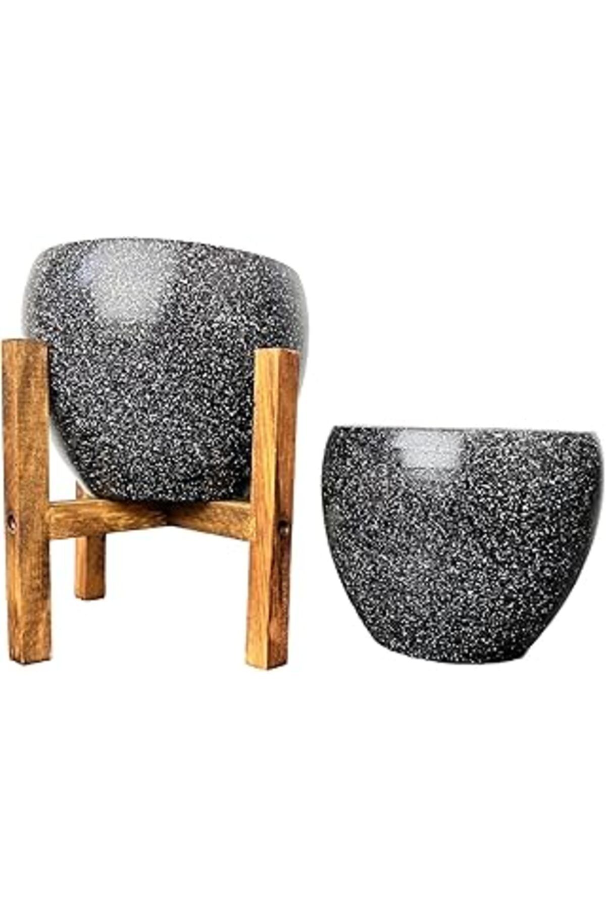 Mu Art Ahşap Bitki Tasarımı Ev Dekorasyon Siyah Granit Toprak Saksı Saksılık Salon Çiçeklik İkili Set Ayaksız -