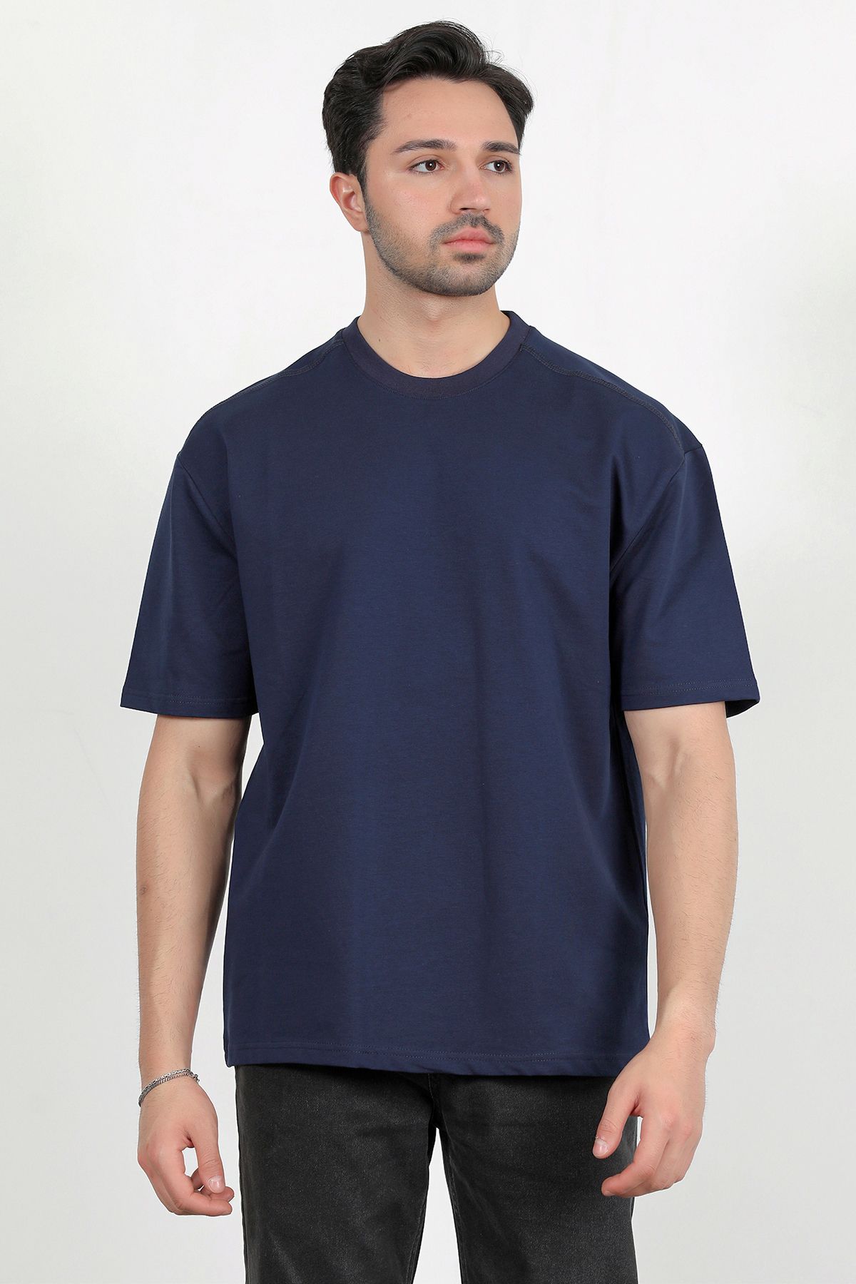 JB John Borners Erkek Bisiklet Yaka Pamuklu Basic Oversize T-Shirt Lacivert - 2912