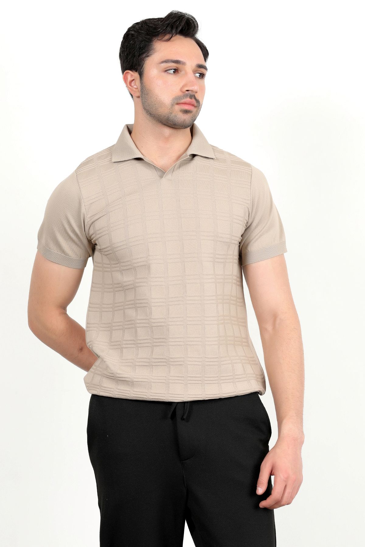 JB John Borners Erkek Polo Yaka Kısa Kol Dokulu Triko T-Shirt Bej - 2504