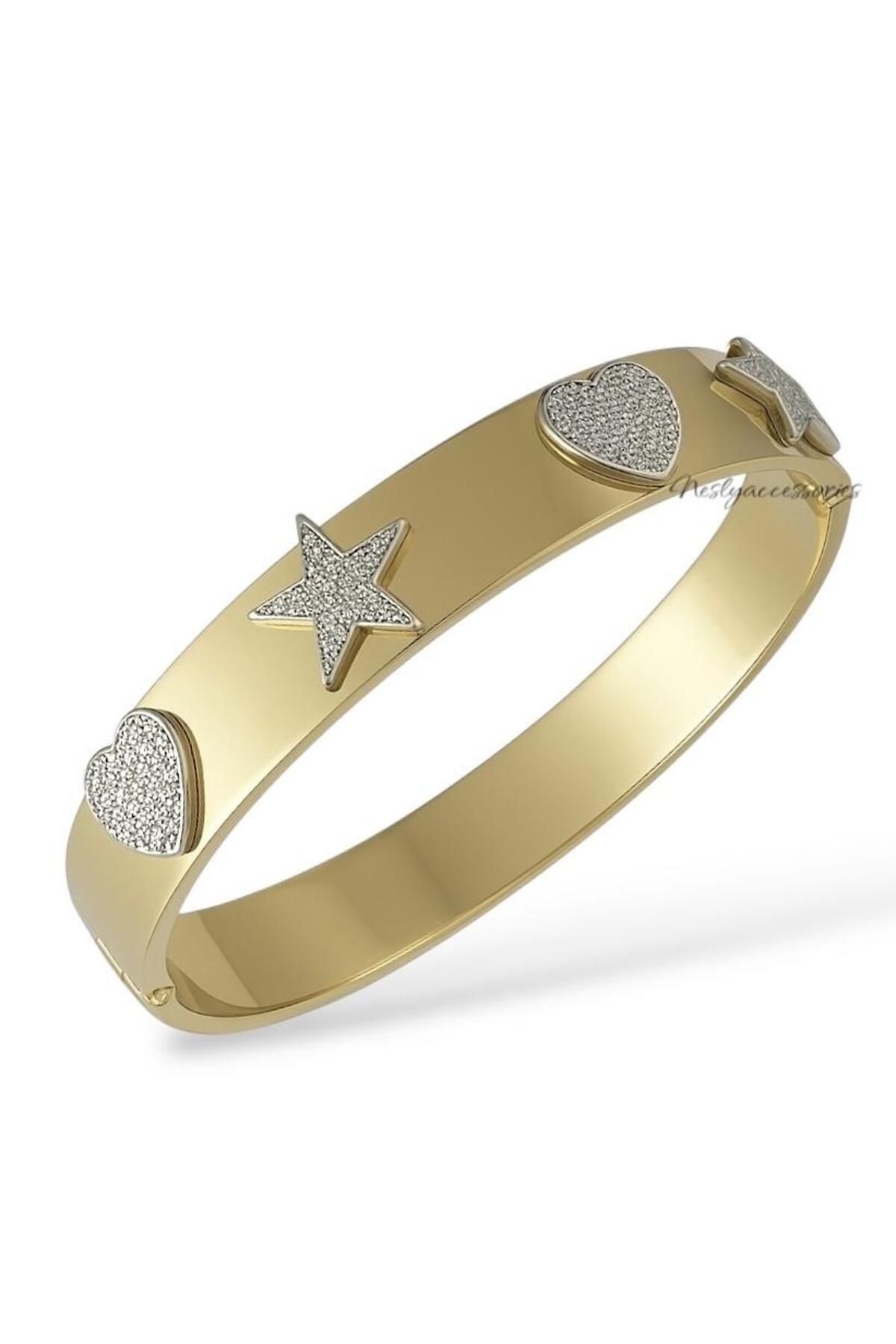 neslyaccessories Yıldız Ve Kalp Işıltı – 18 Ayar Altın Kaplama  Bilezik