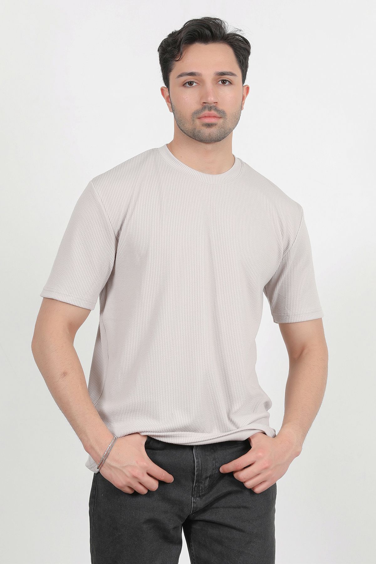 JB John Borners Erkek Bisiklet Yaka Kısa Kol Dokulu T-Shirt Gri - 2767