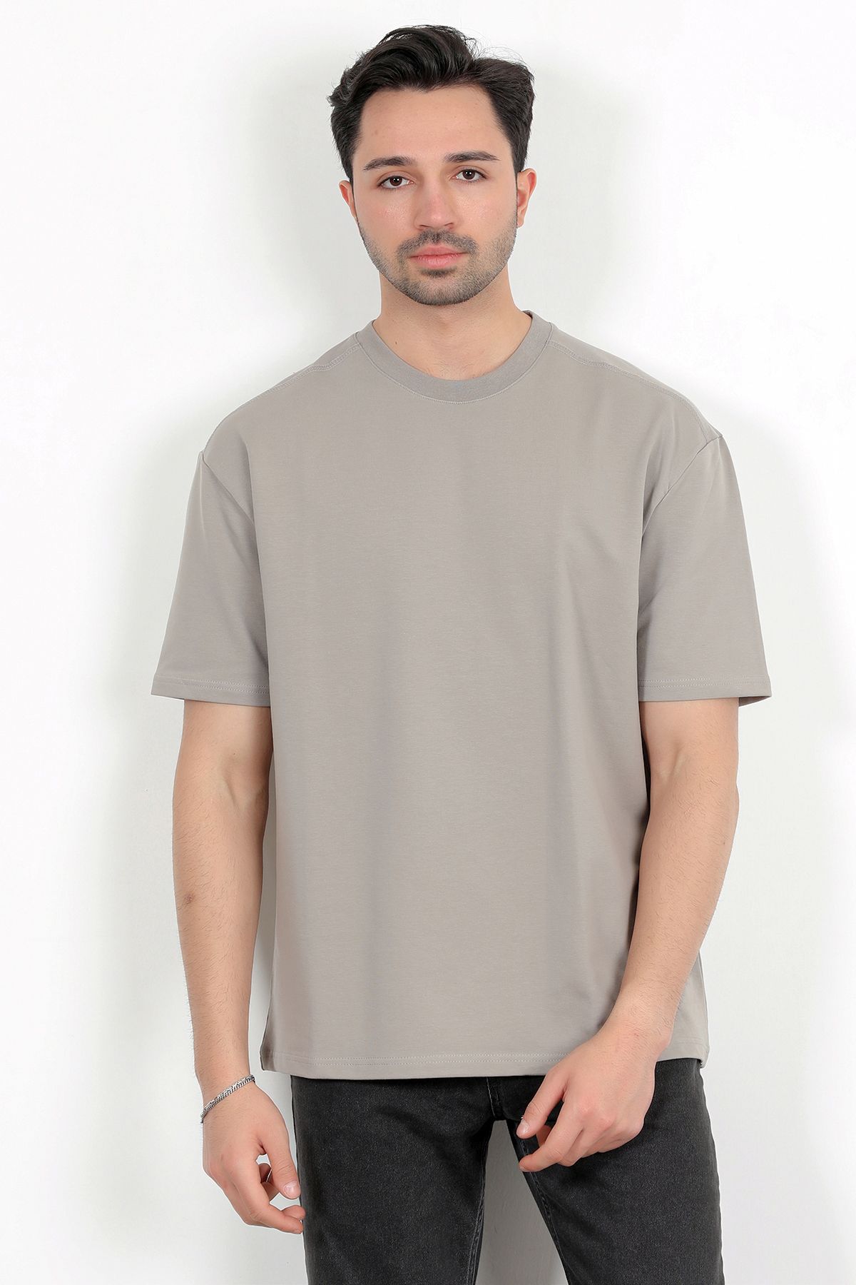 JB John Borners Erkek Bisiklet Yaka Pamuklu Basic Oversize T-Shirt Açık Gri - 2911