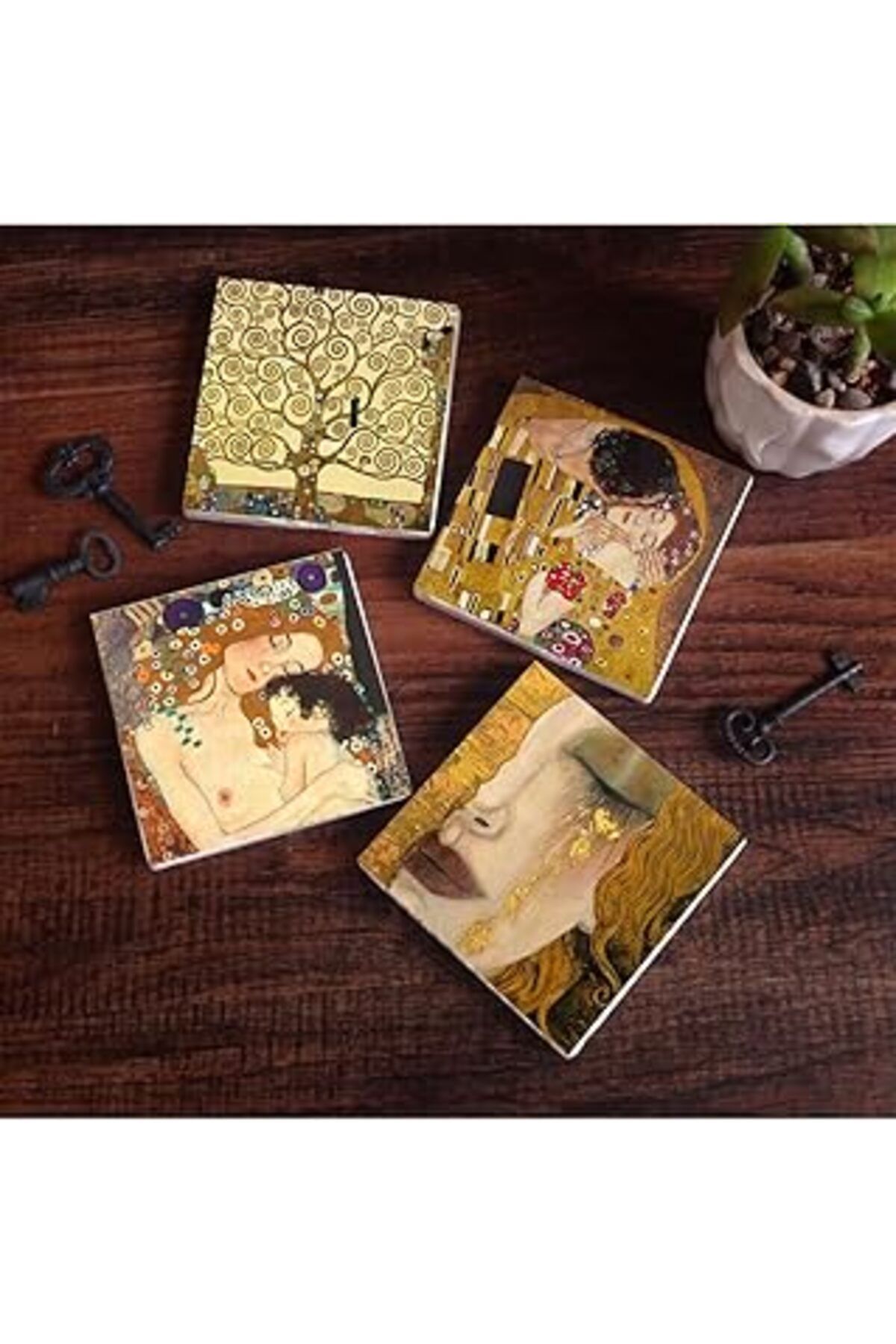 karadağsb Pinecone Gustav Klimt Altın Gözyaşları, Anne Çocuk, Öpücük, Hayat Ağacı Taş Bardak Altlığı Seti - 4