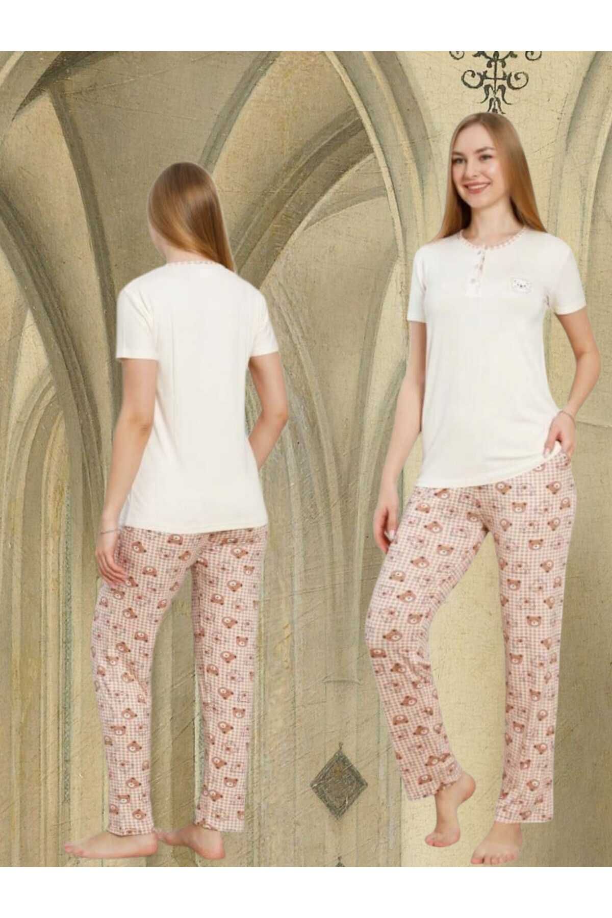 Freeista Ekru Pijama Takımı Likralı Viskon Kısa Kollu