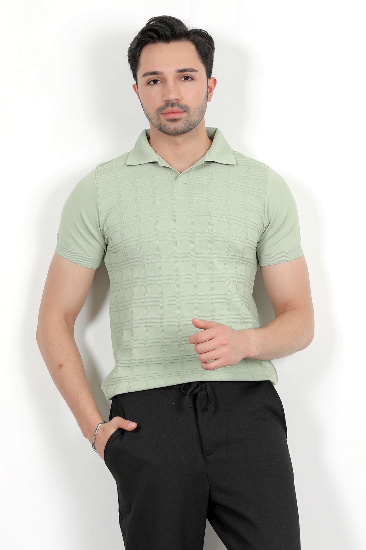 JB John Borners Erkek Polo Yaka Kısa Kol Dokulu Triko T-Shirt Açık Yeşil - 2504