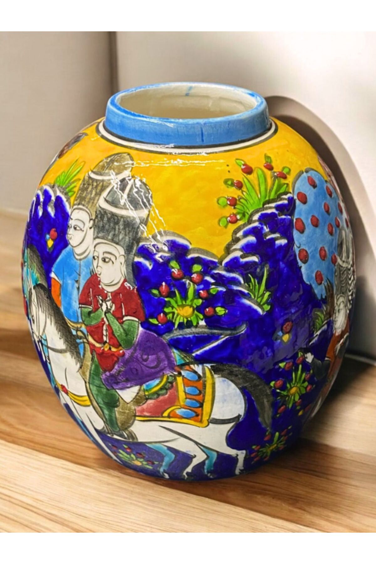 Loremp El Yapımı Seramik Vazo Osmanlı Minyatür Desenli Çini Sanatı 30 cm