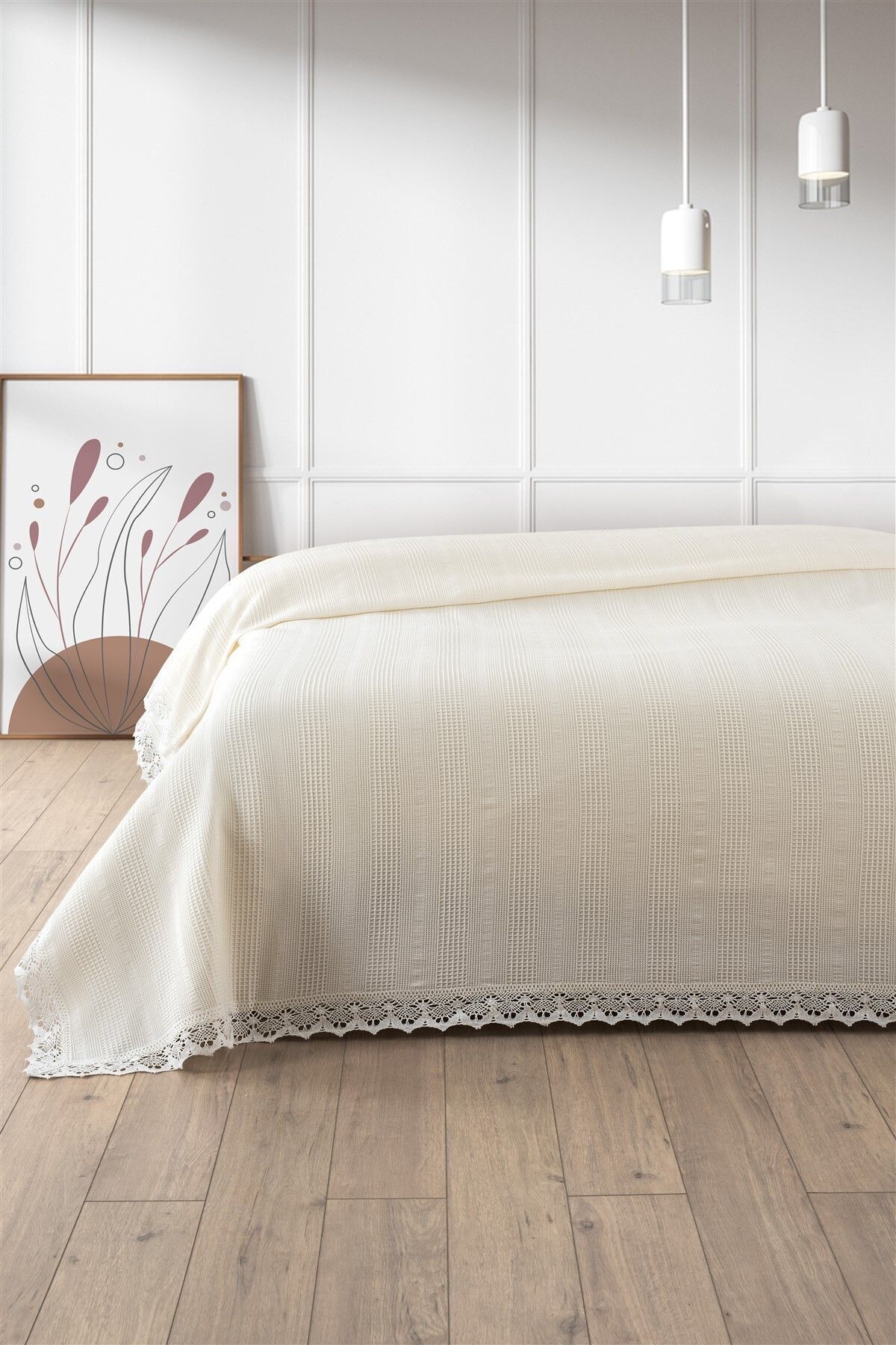 Sevim %100 Pamuk Çift Kişilik Kopanaki Dantelli Waffle Pike-210x230 cm-Krem