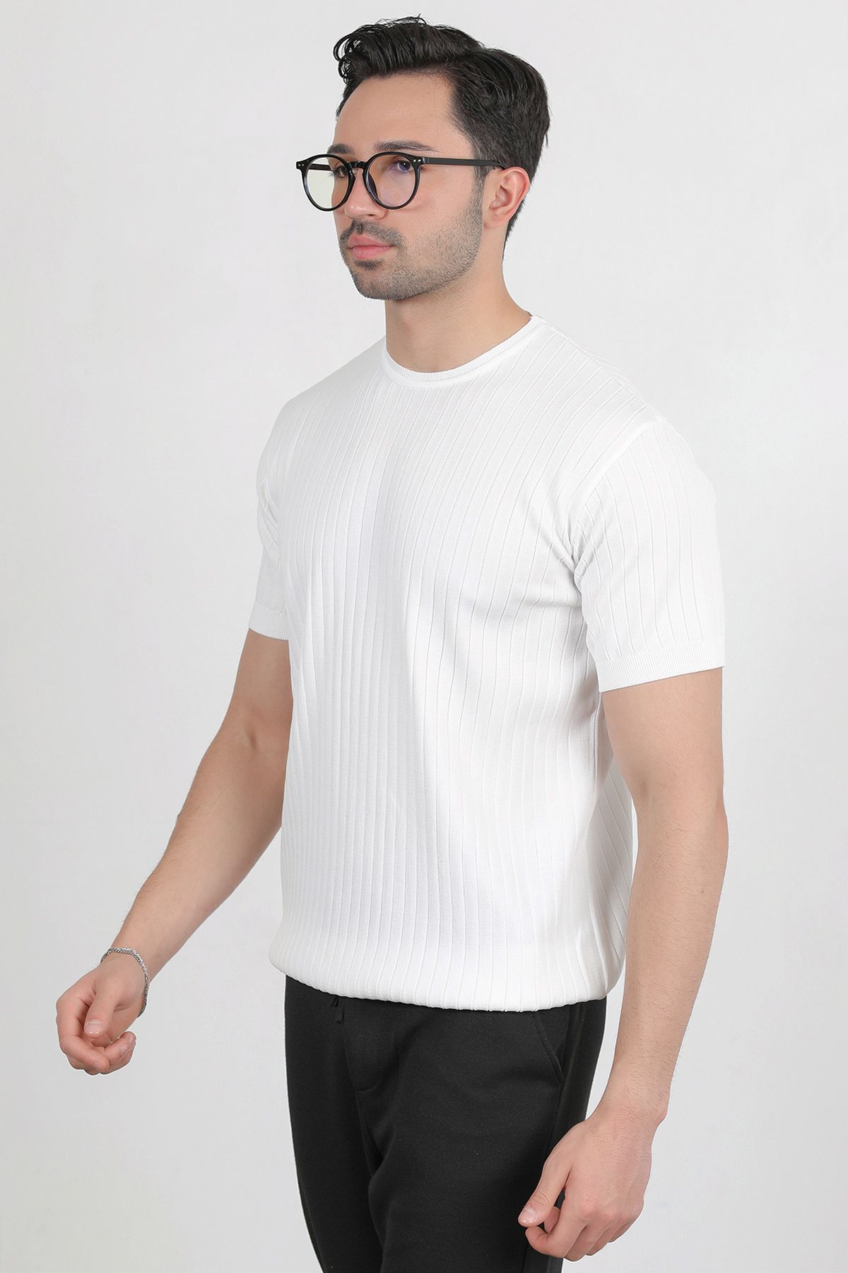 JB John Borners Erkek Bisiklet Yaka Kısa Kol Fitilli Triko T-Shirt Beyaz - 2502