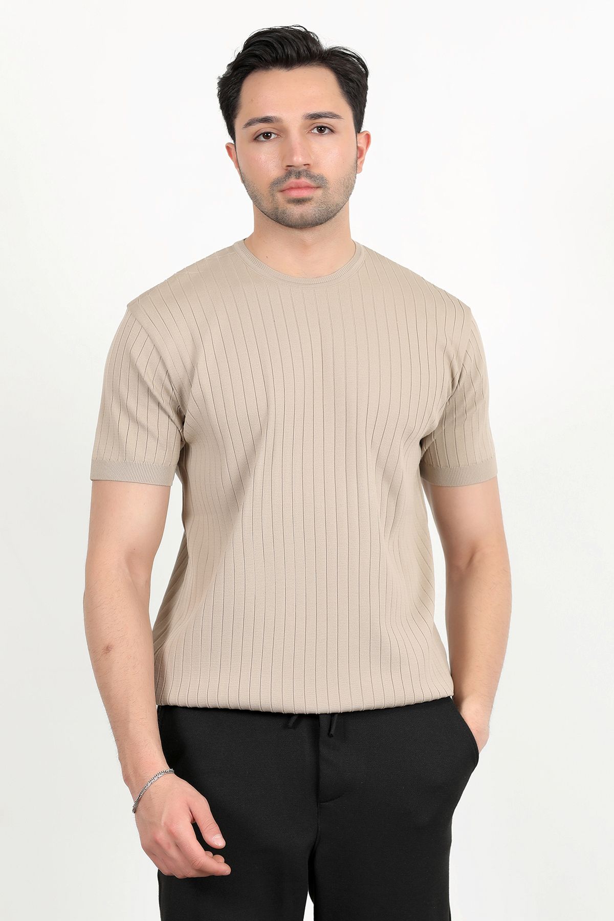 JB John Borners Erkek Bisiklet Yaka Kısa Kol Fitilli Triko T-Shirt Bej - 2502