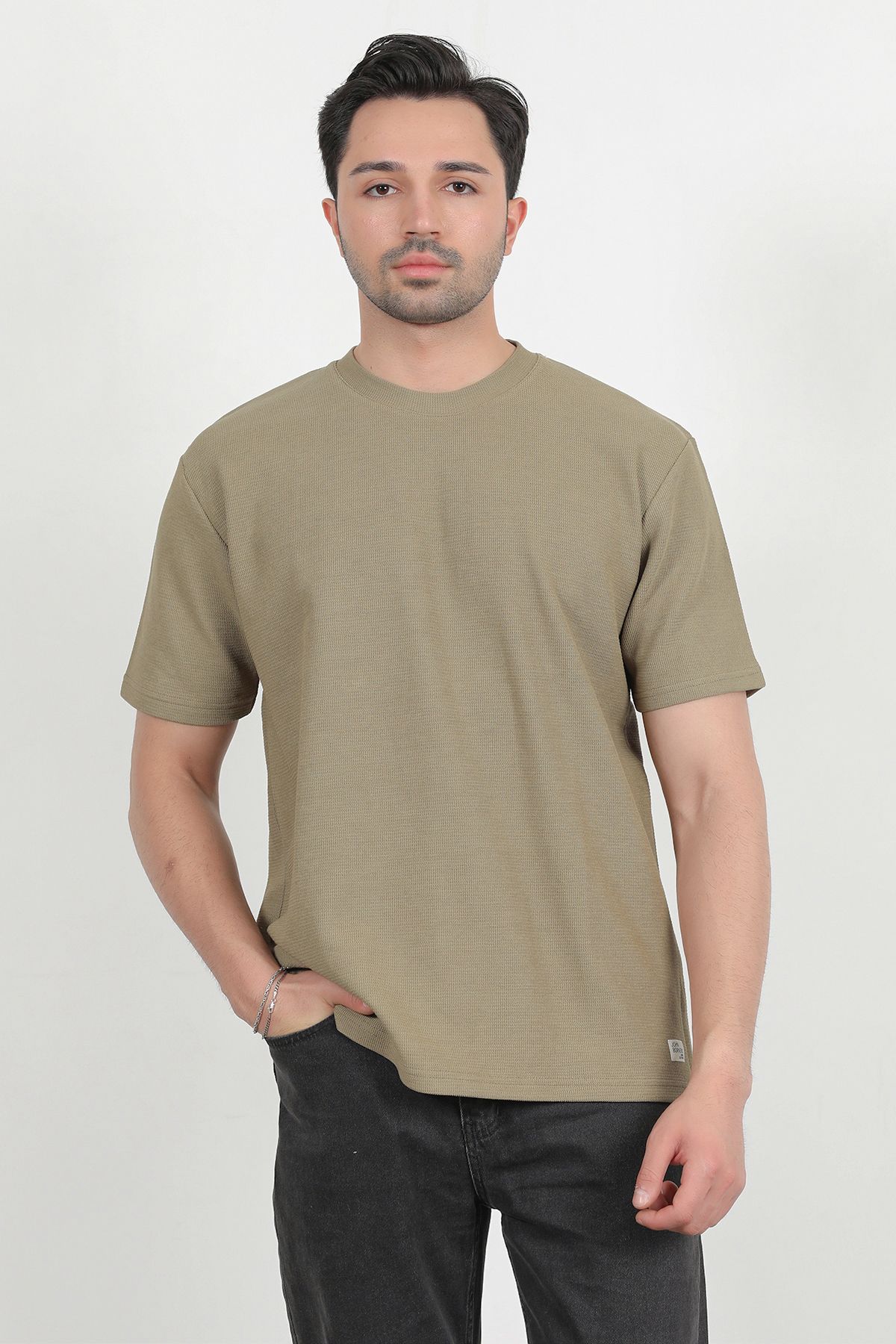 JB John Borners Erkek Bisiklet Yaka Pamuklu Dokulu Oversize T-Shirt Haki - 2917