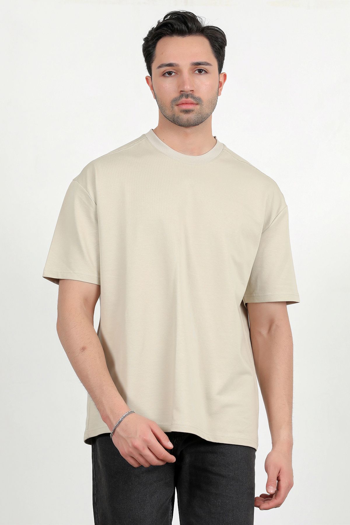 JB John Borners Erkek Bisiklet Yaka Pamuklu Basic Oversize T-Shirt Taş - 2911