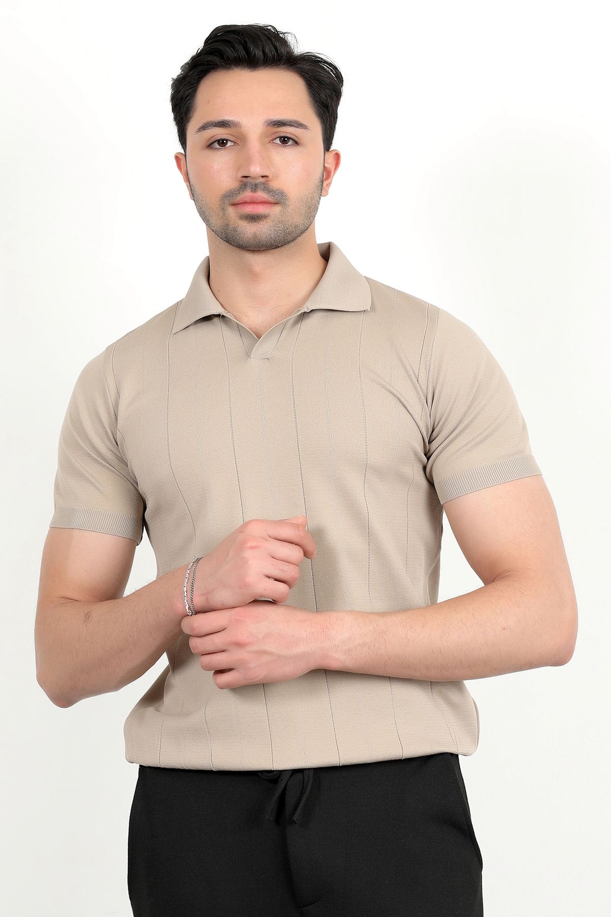 JB John Borners Erkek Polo Yaka Kısa Kol Çizgili Triko T-Shirt Bej - 2503